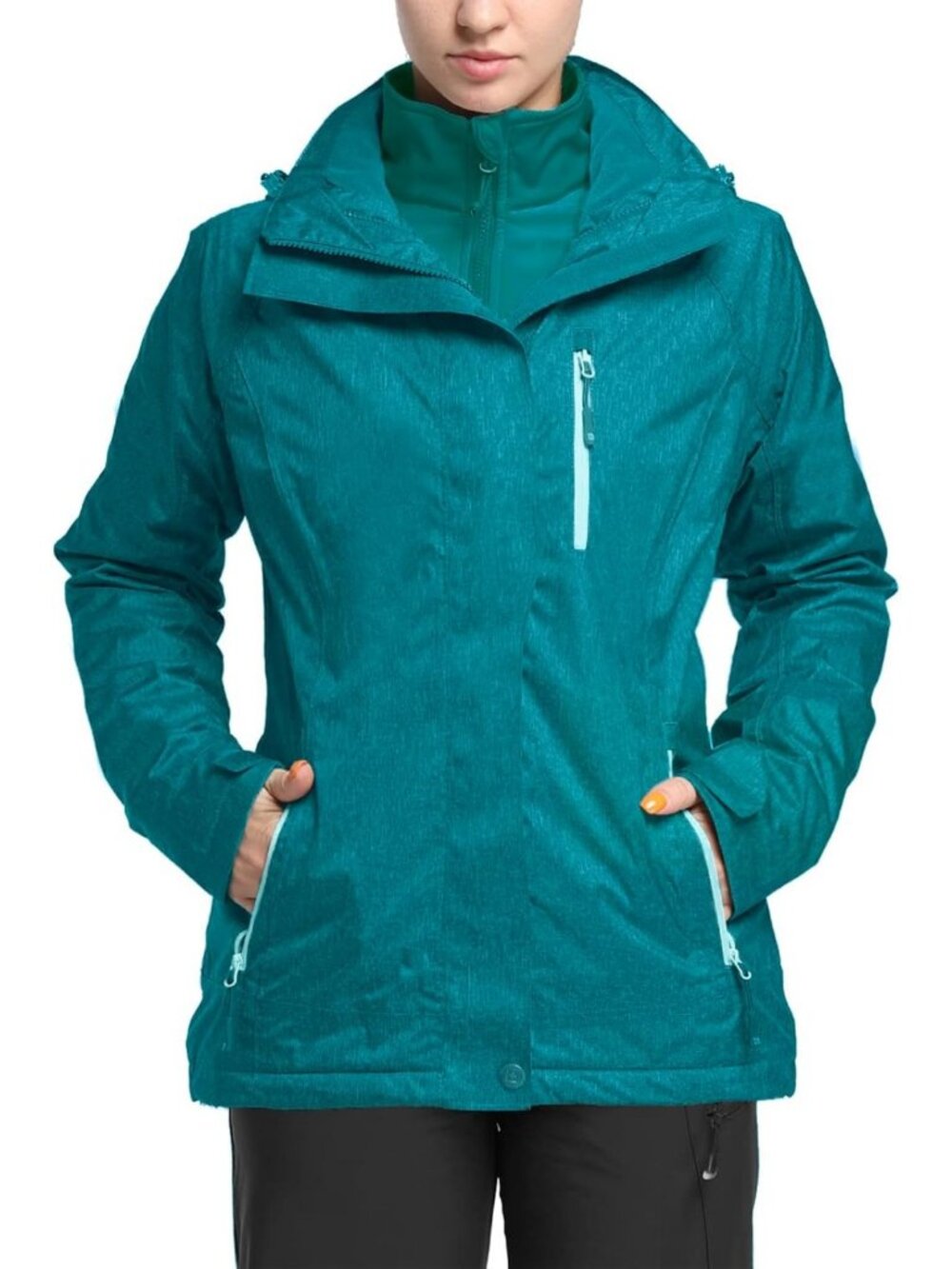 Women's 3-in-1 Hooded Rain Jacket - Waterproof Softshell Ski Coat, Travel Ready
